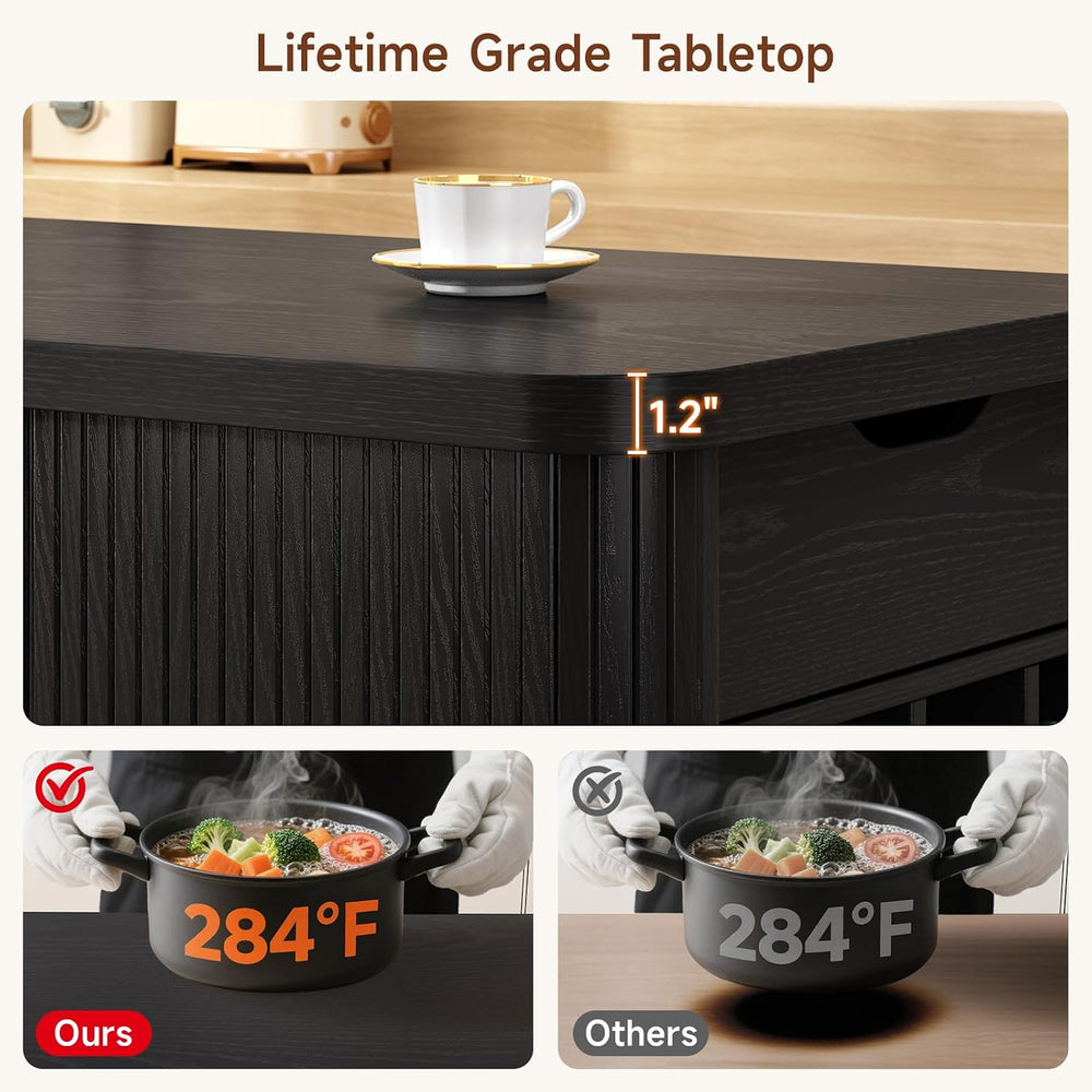 ONBRILL 59 Inch Fluted Kitchen Island with Storage Black