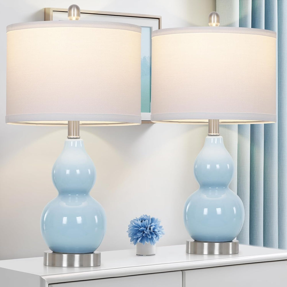 22" Double Gourd Ceramic Table Lamps Set of 2, Blue Modern Bedside Lamps...