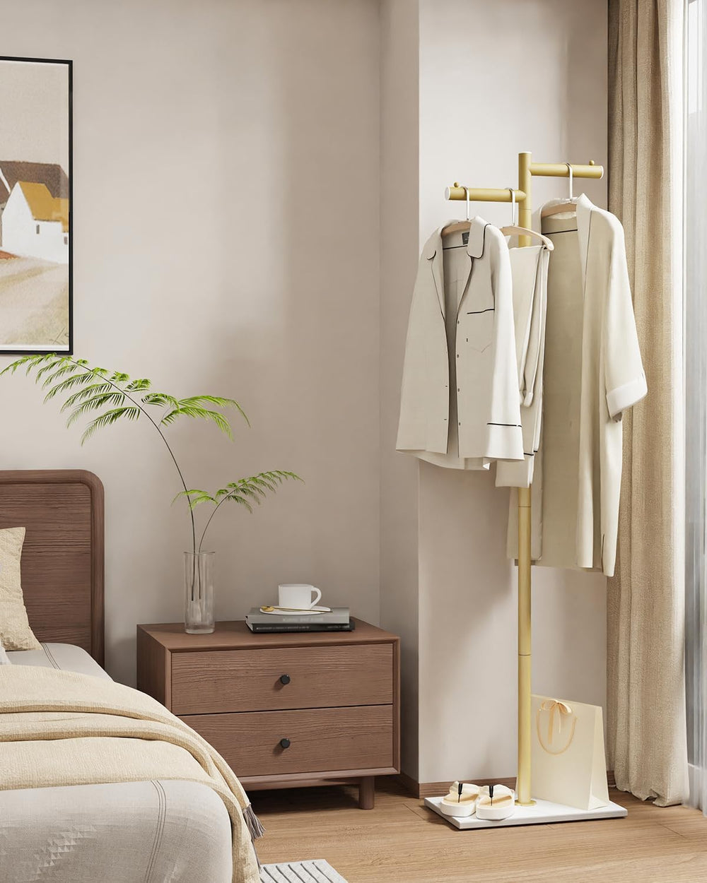 Modern Garment Rack,Z-Shaped Coat Stand with Rock Base,68.9in,Gold
