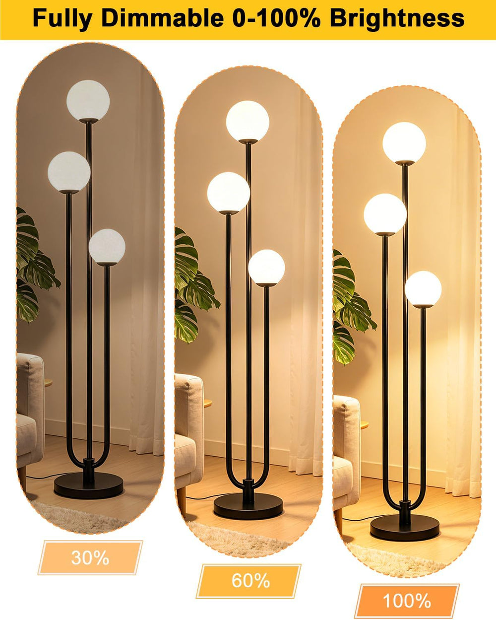 63IN 3-Light Dimmable Floor Lamp, Unique Black Tall Standing Lamps with 3000K...