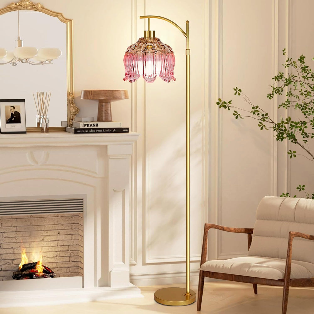 QIYIZM Pink Floor Lamp for Living Room,Bedroom,Glass Gold Dimmable Standing L...