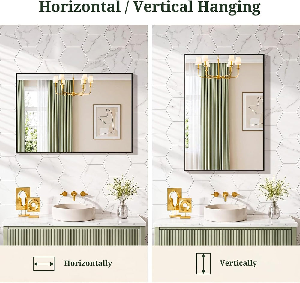 Bathroom Mirror 36x24 Inch, Black Metal Framed Mirror for Wall