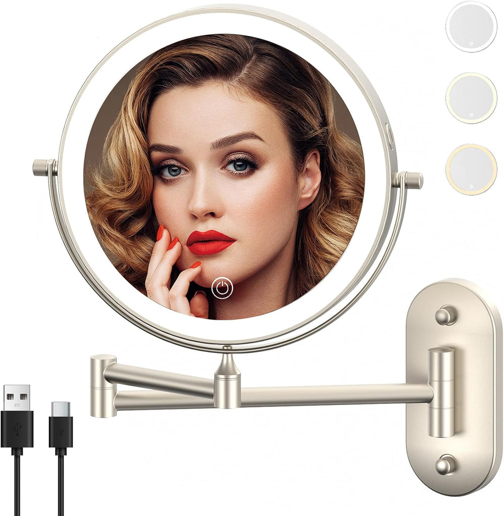 8" Wall Mounted Makeup Mirror,Oval Base, 10X, Brushed Nickel