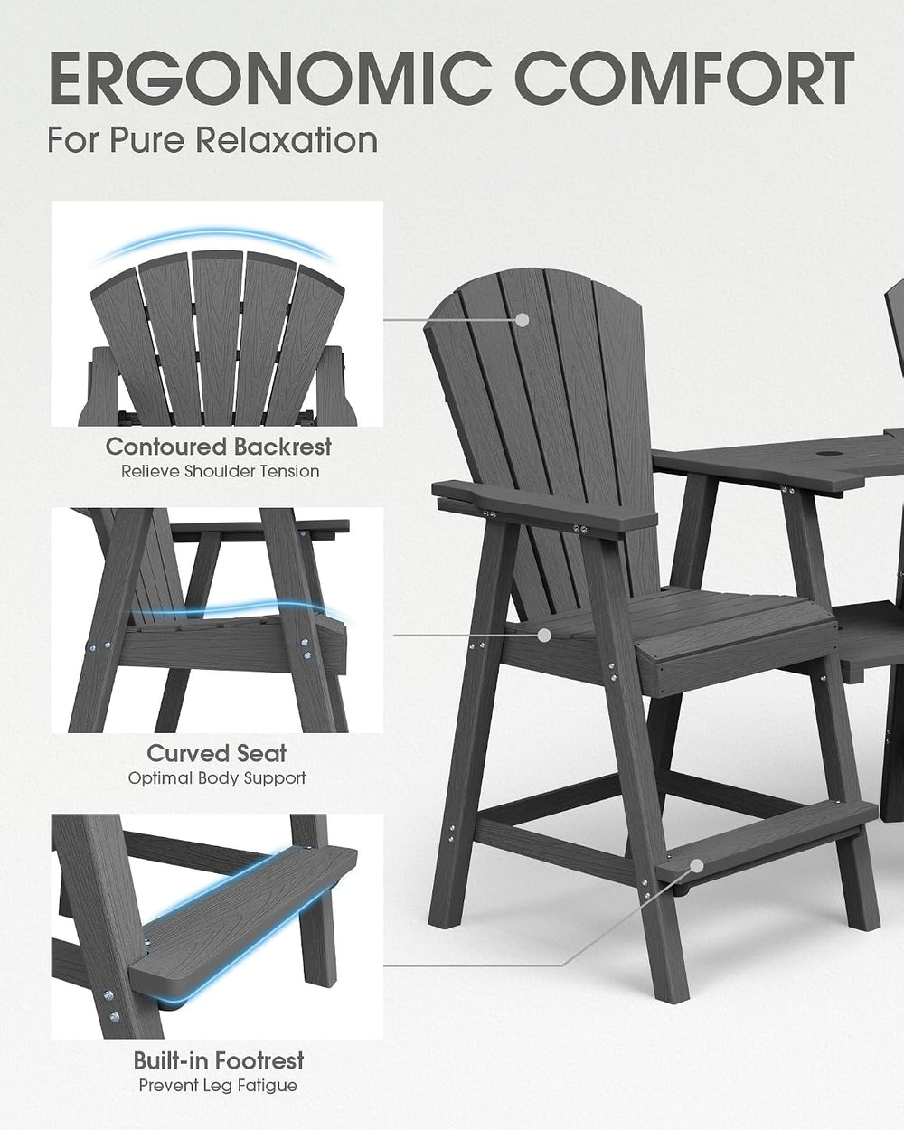 Tall Adirondack Chairs Set of 2 with Table Trays, Dark Grey