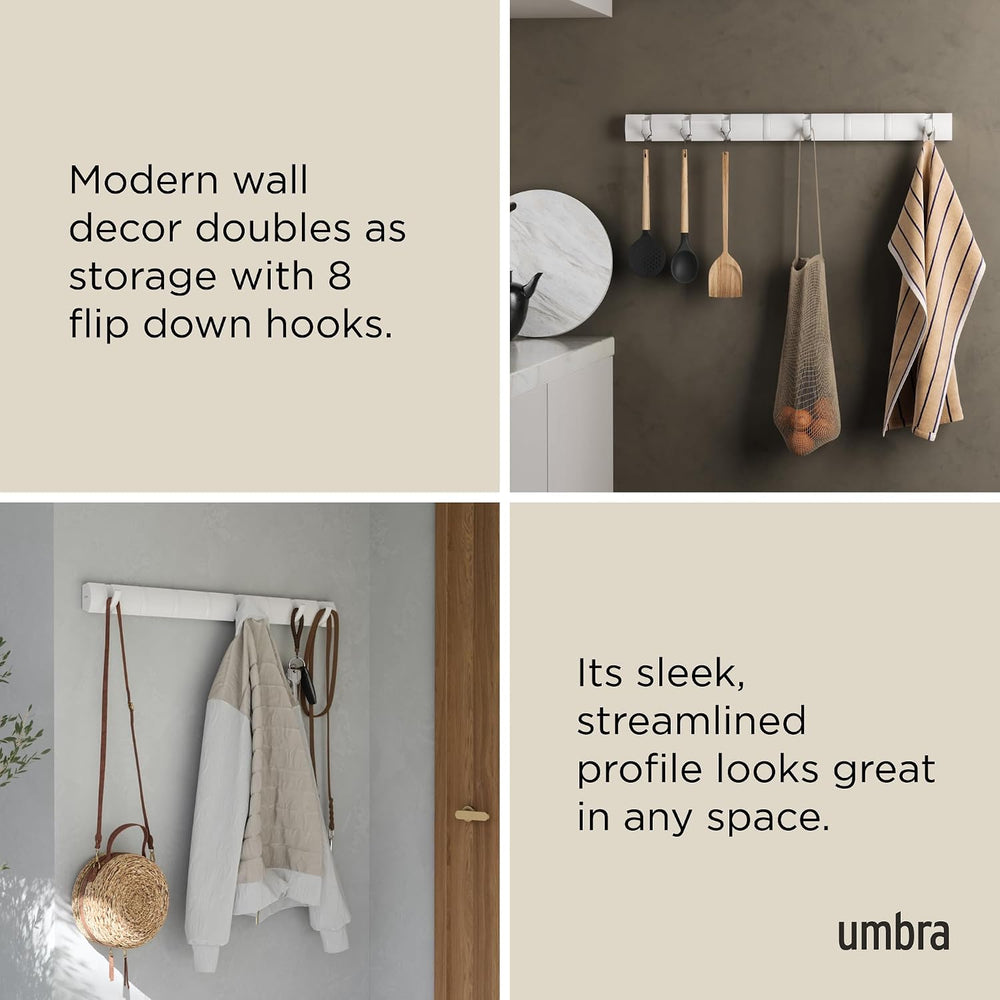 Umbra Flip Coat Rack, Wall Mount 8-Hook, Space Saving, White/Nickel
