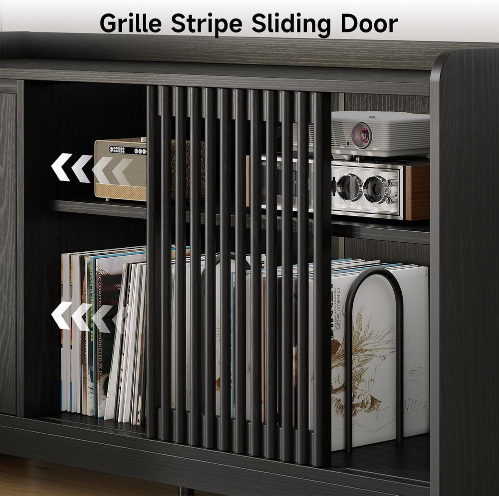 ONBRILL 48" Record Player Stand w/Flip-Out Storage Cabinet, Sliding Door