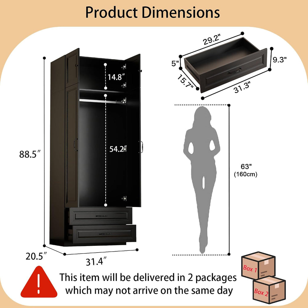 Black Armoire Wardrobe Closet with 2 Drawers, 88" Tall x 32" Wide