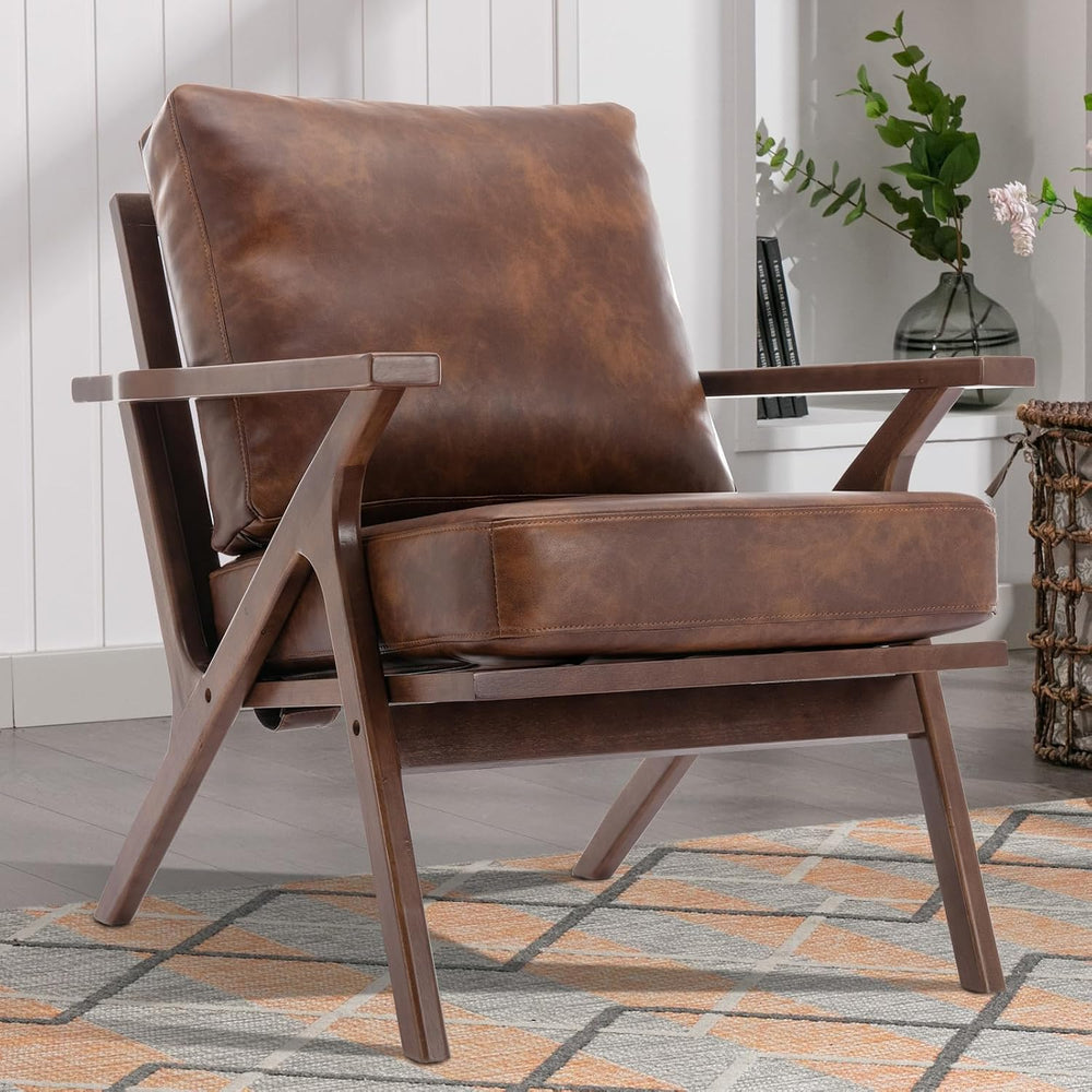 INZOY Mid-Century Modern Accent Chair with Wood Frame, PU Leather Living Room...