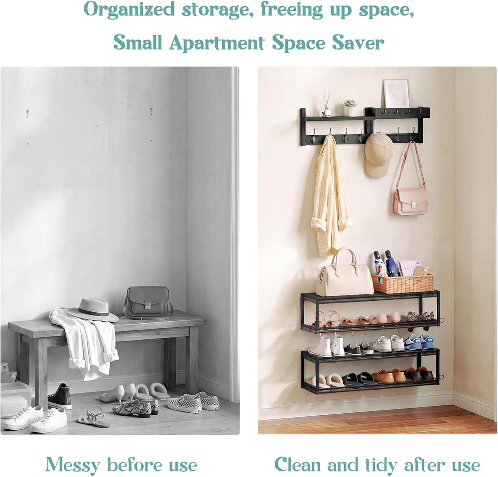 4 Pack Wall Coat Rack with Shoe Rack, 2-in-1 Coat and Shoe Rack Entryway