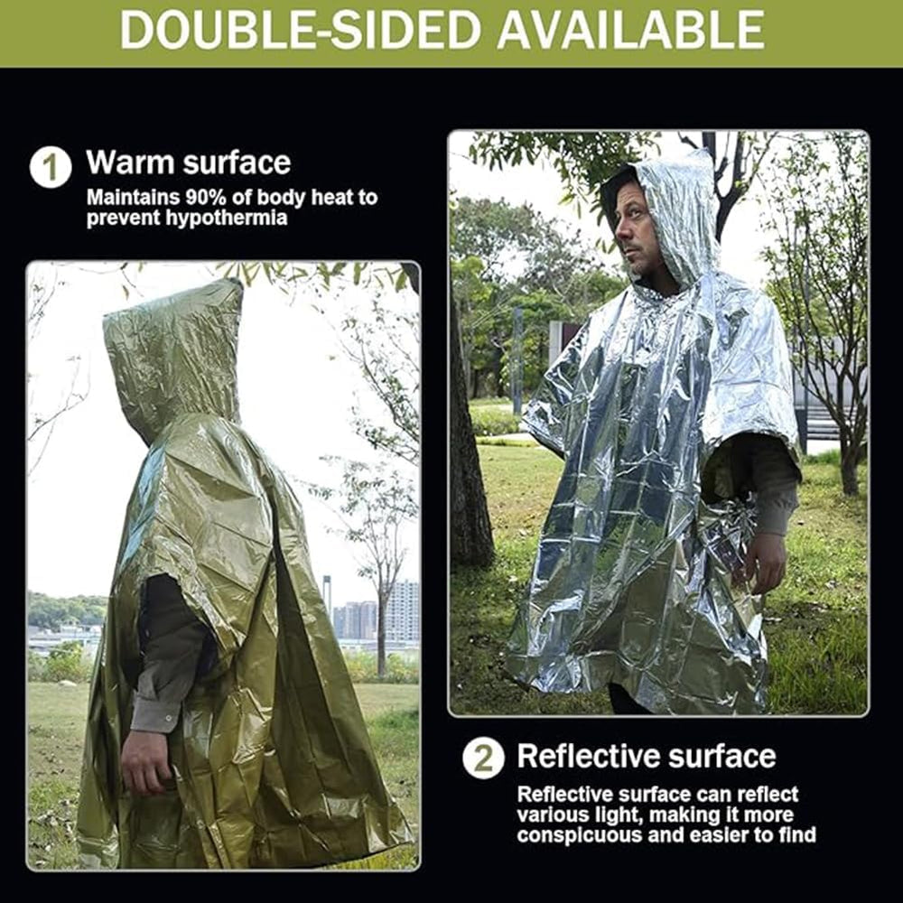 Emergency Survival Poncho (4pc) Thermal Mylar Foil Coating Blanket for Heat R...