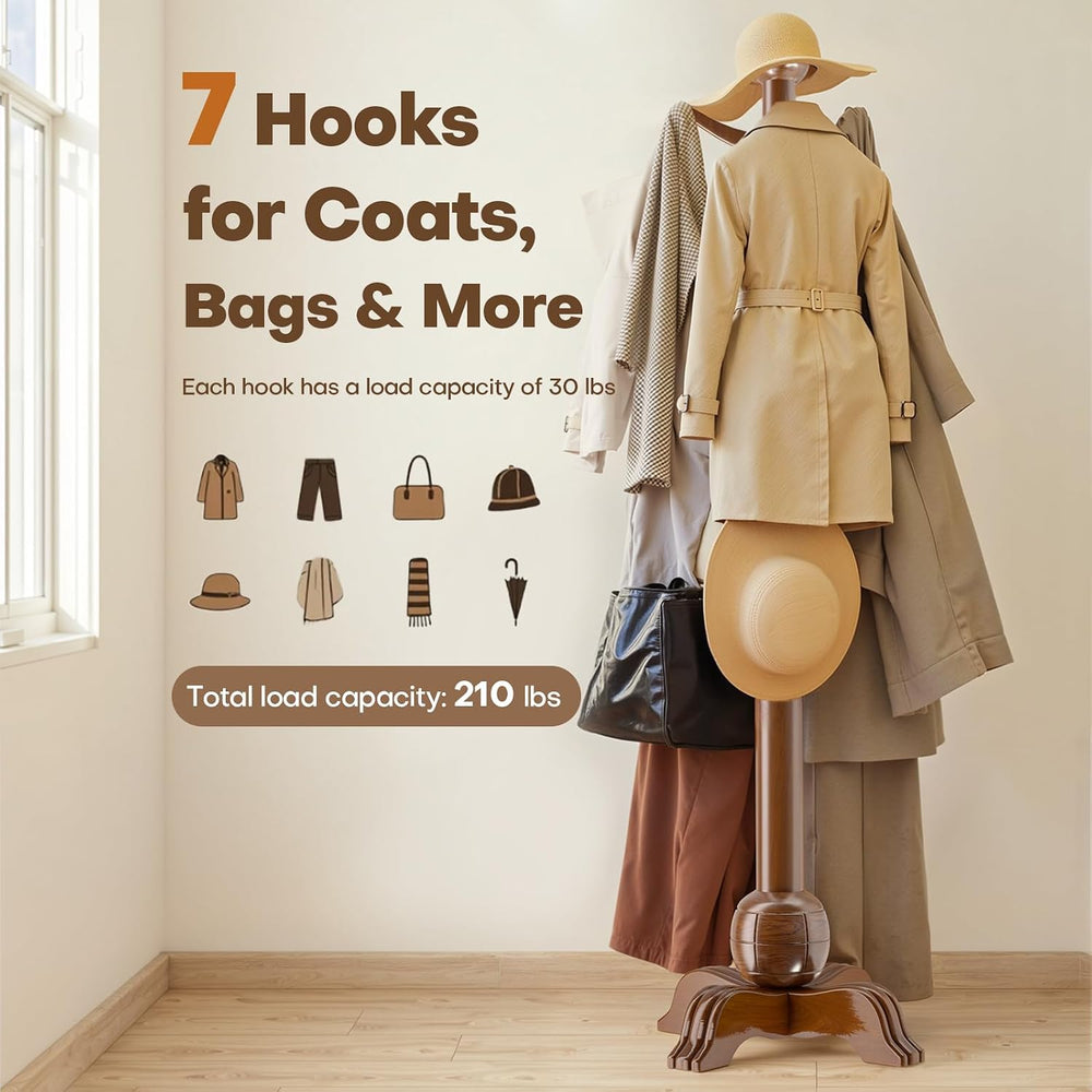 Wooden Coat Rack, 7 Hooks Freestanding Wood Coat Tree Rack with Stable Base