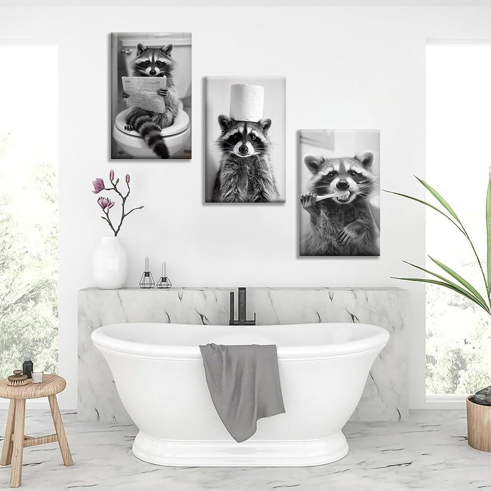 3Pcs Adorable Raccoon Bathroom Wall Art Black and White Animal Posters Prints...