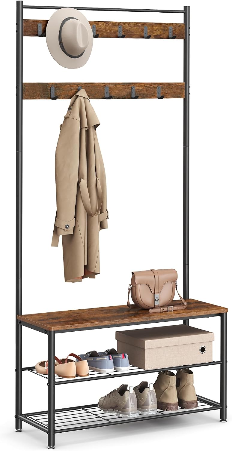 VASAGLE Coat Rack, Hall Tree with Shoe Storage Bench, 3-in-1, Steel Frame