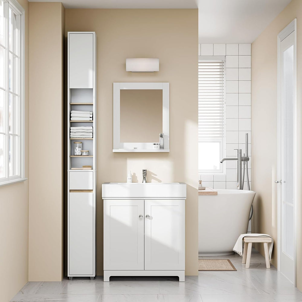 SoBuy Tall Bathroom Storage Cabinet, Narrow, White & Natural