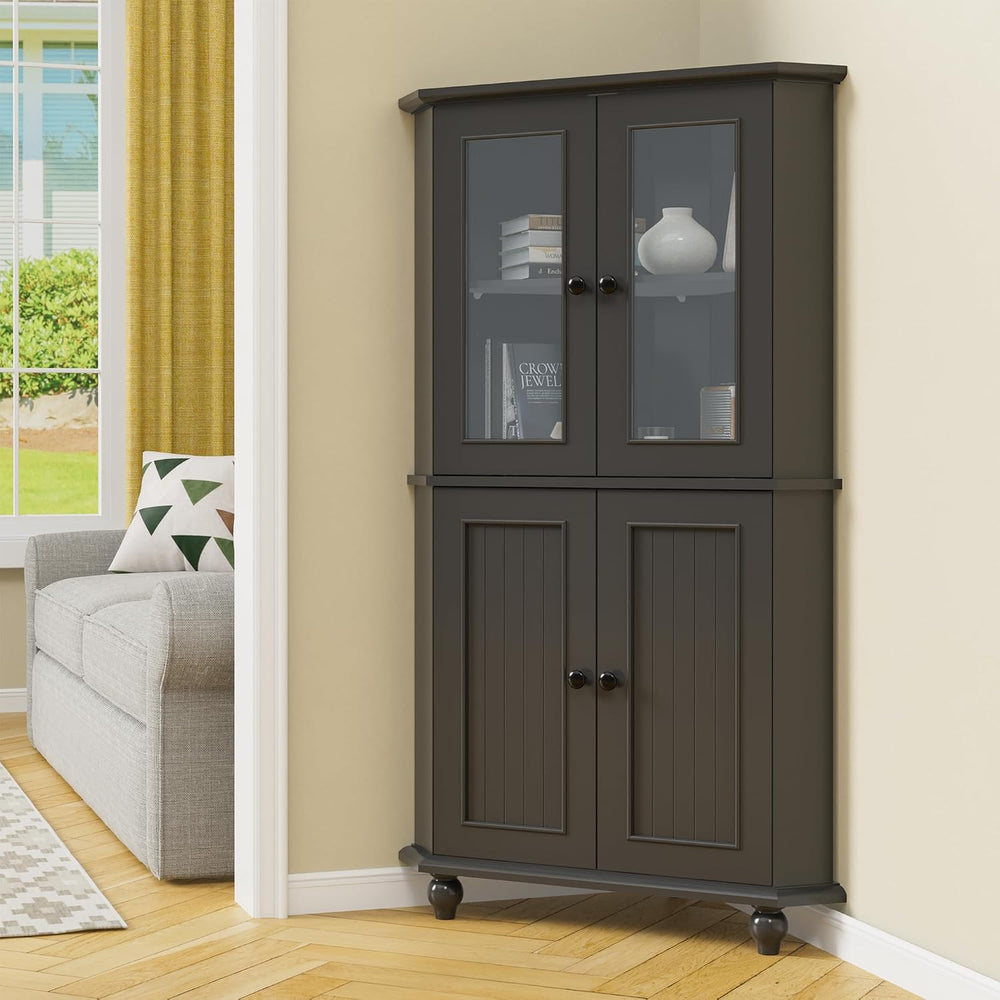 53'' Corner Cabinet with Glass Doors, Black Corner Shelf for Living Room