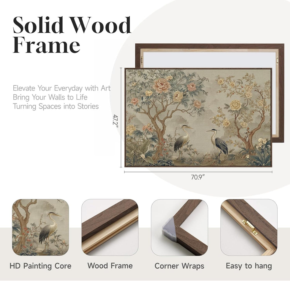 Extra Large Framed Neutral Chinoiserie Wall Art for Living Room, 72x48 Inch