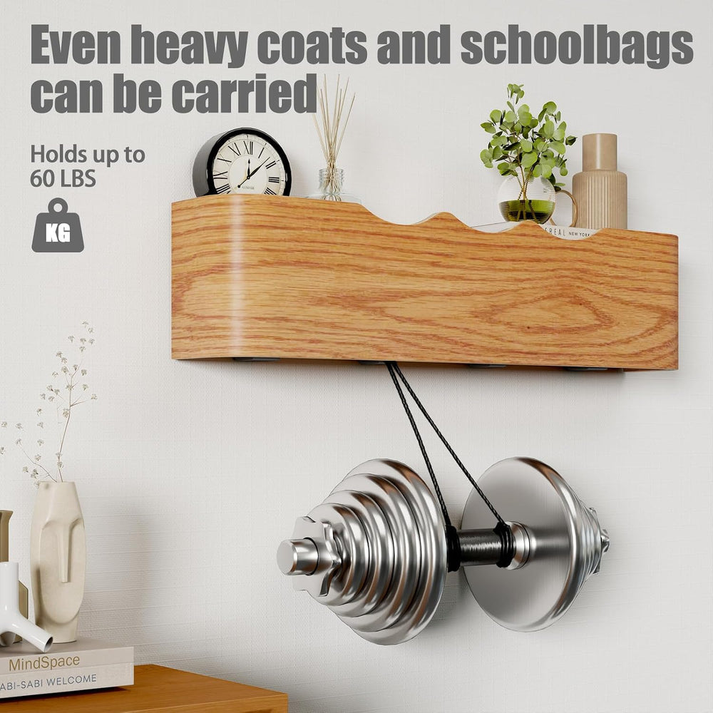 Coat Rack Wall Mount with Shelf 4 Hidden Hooks Modern Wooden Key Holder Entry...