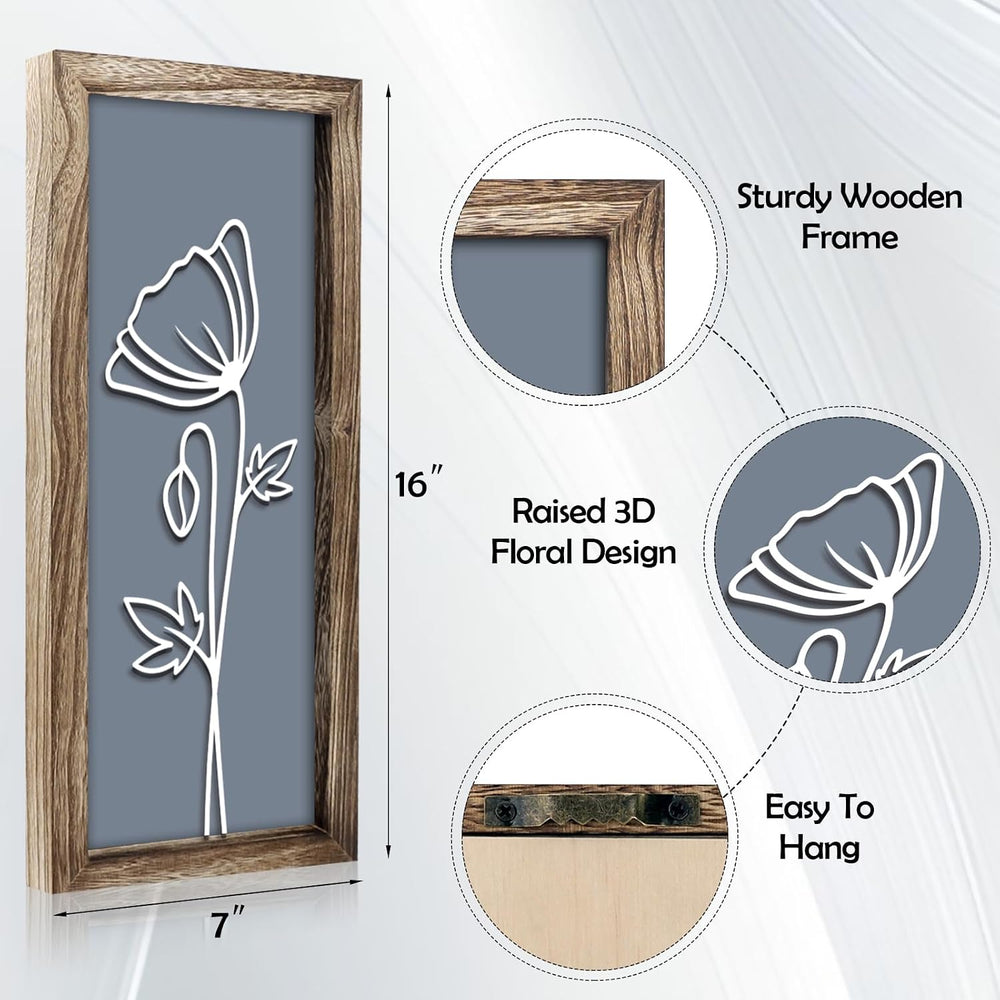 3D Wooden Floral Wall Art, 4 Pcs 7 x 16 Inch Flower Wood Carving Framed Bathr...