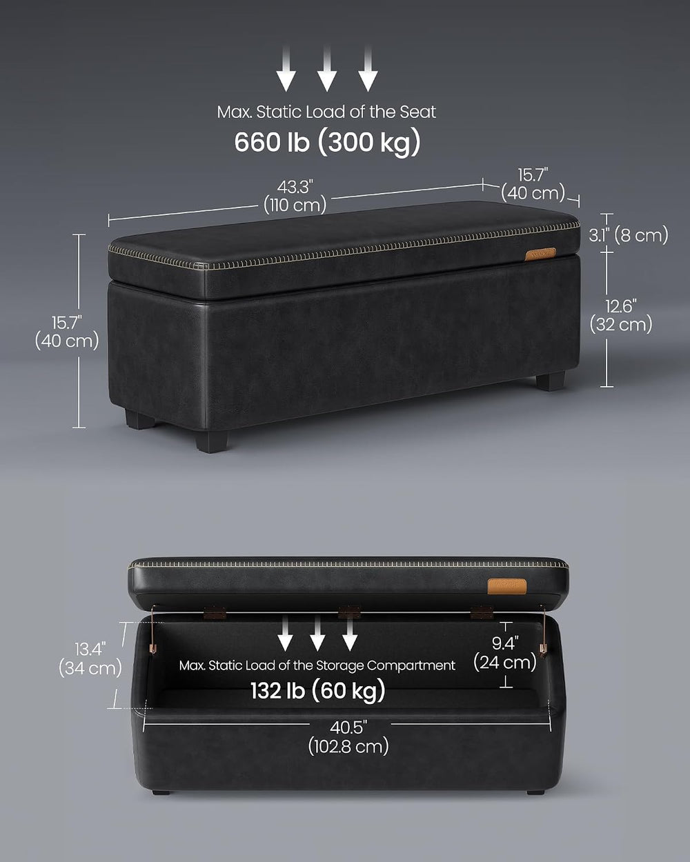 VASAGLE Storage Ottoman Bench with Stitching, PU Leather, Entryway Bedroom