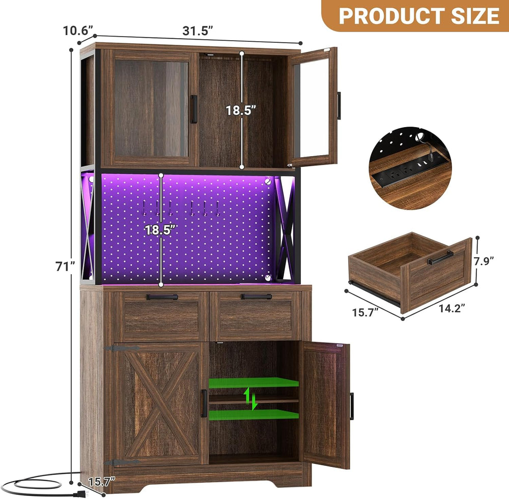 Unikito 71" Kitchen Pantry Cabinet with LED Light & Outlet, Microwav...