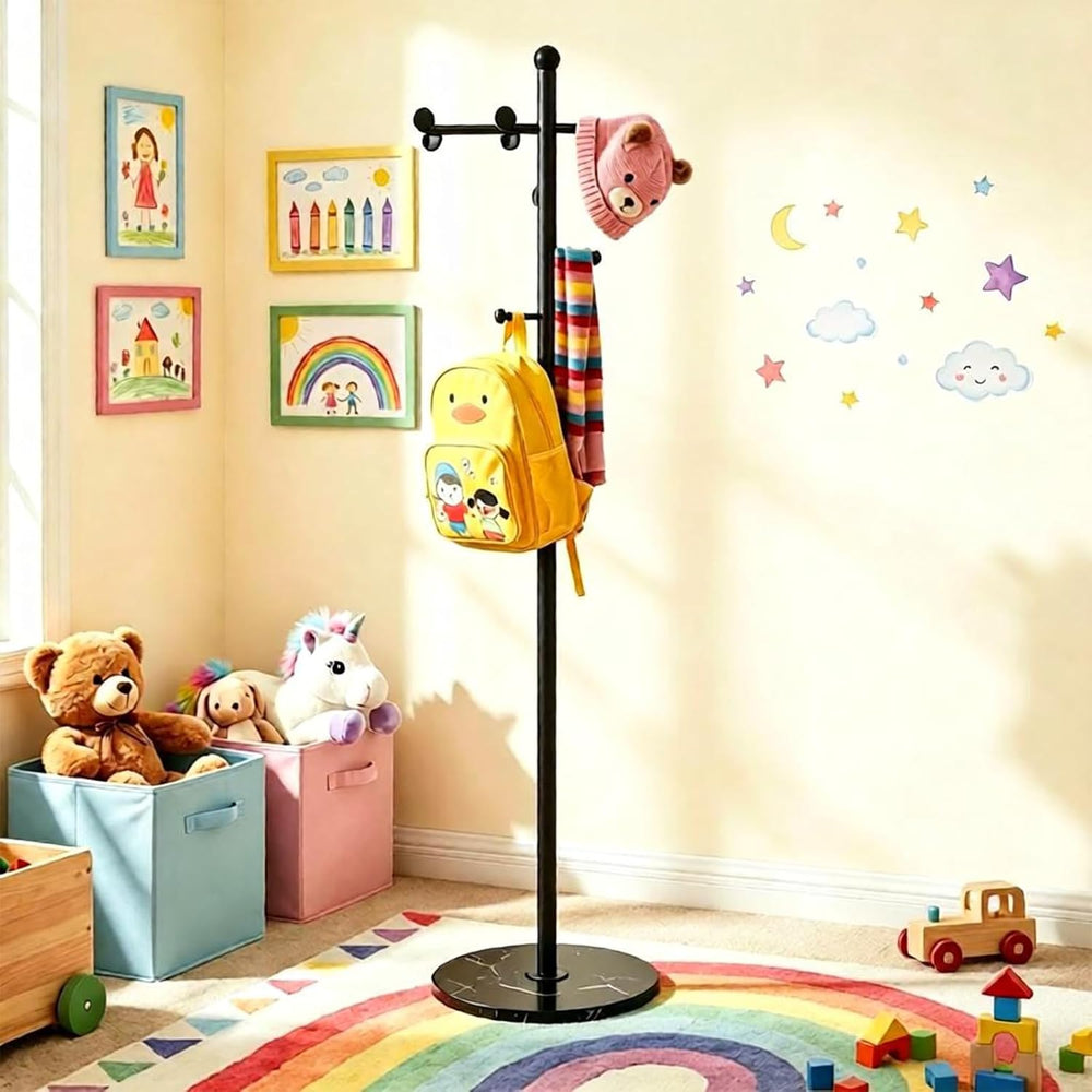 Modern Freestanding Coat Rack, with Marble Base and 8 Hooks