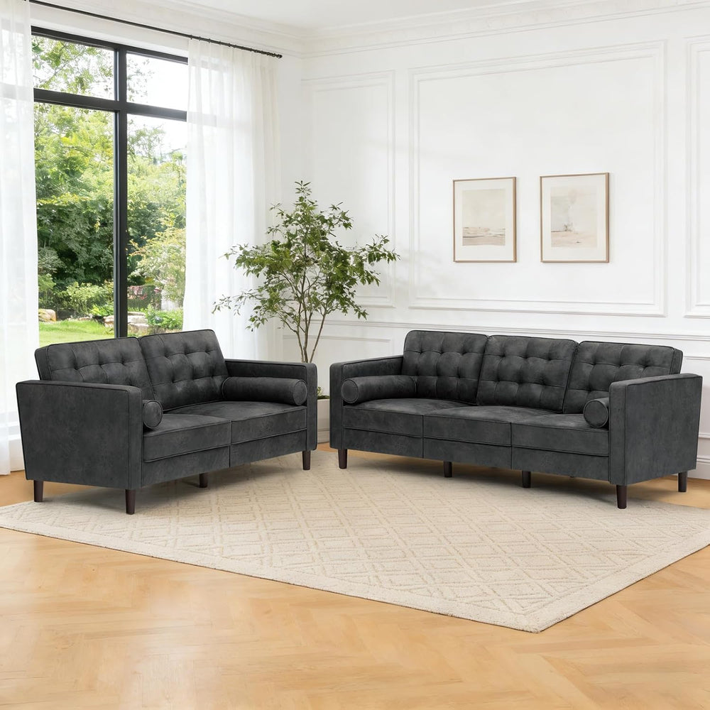 Suede Leather Upholstered Sofa Set with Tufted Backrests, Grey