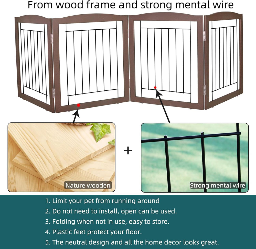 ZJSF Freestanding Foldable Dog Gate for House Extra Wide Wooden Brown Puppy G...
