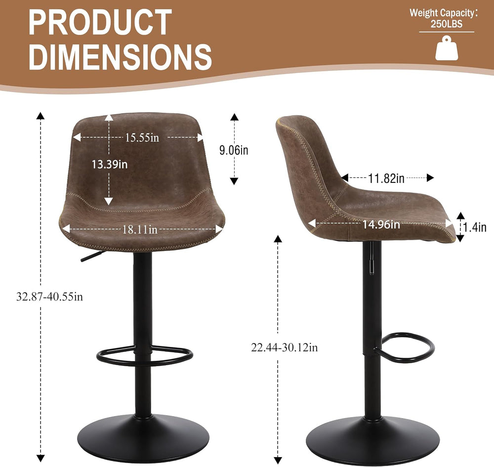 Swivel Bar Stools Set 3, Adjustable Height Suede-Like Leather Brown