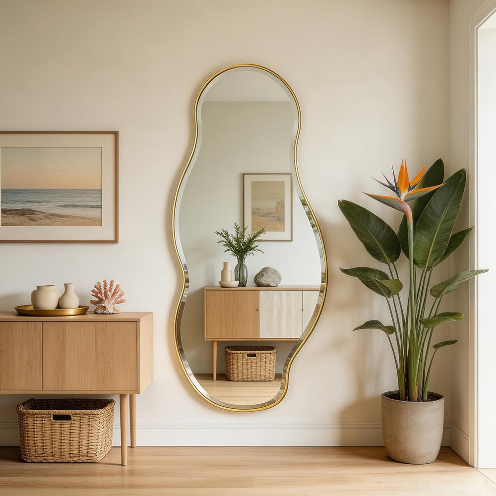 POZINO 63"x28" Large Irregular Beveled Mirror, Abstract Decorative ...