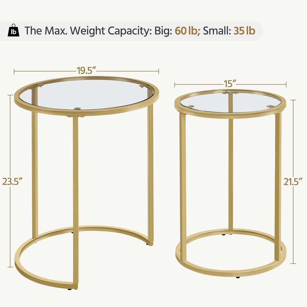 Yaheetech Round Nesting Side Table Set of 2, Gold Metal Frame and Glass Top