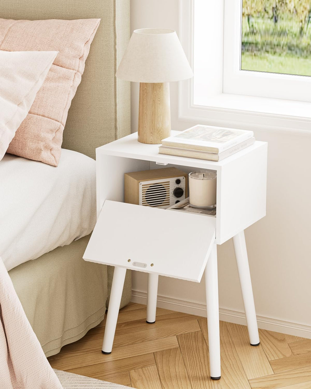 Night Stand Set 2, Modern Nightstand with Fluted Doors, White