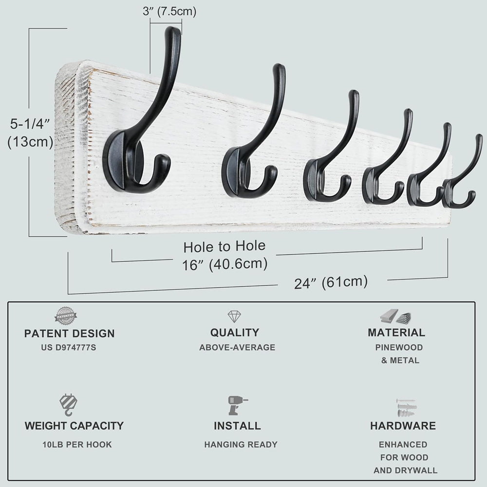Dseap Coat Rack Wall: 24" Long, Patented, Heavy-Duty, 6-Double-Hooks Woo...