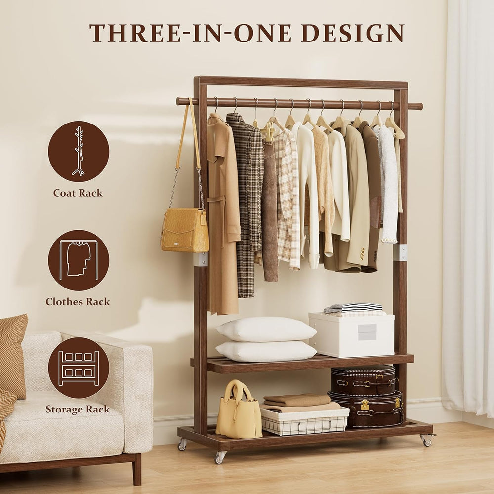 Wood Clothing Rack Solid Wood Clothes rack with Wheels 2 Shelves