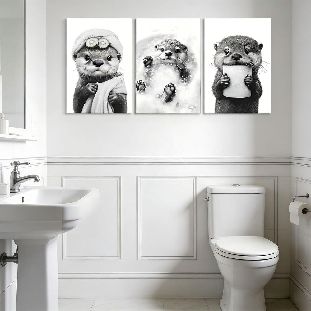 3Pcs Cute Otter Canvas Wall Art Funny Bathroom Paintings Pictures Wall Decor ...