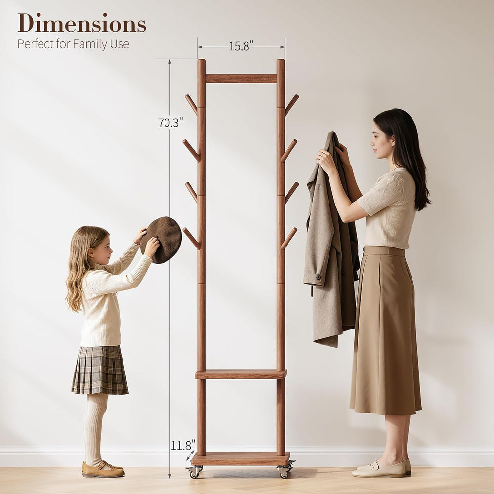 Yoobure Solid Wood Coat Rack Freestanding - Rolling Clothes Rack with 8 Hooks...