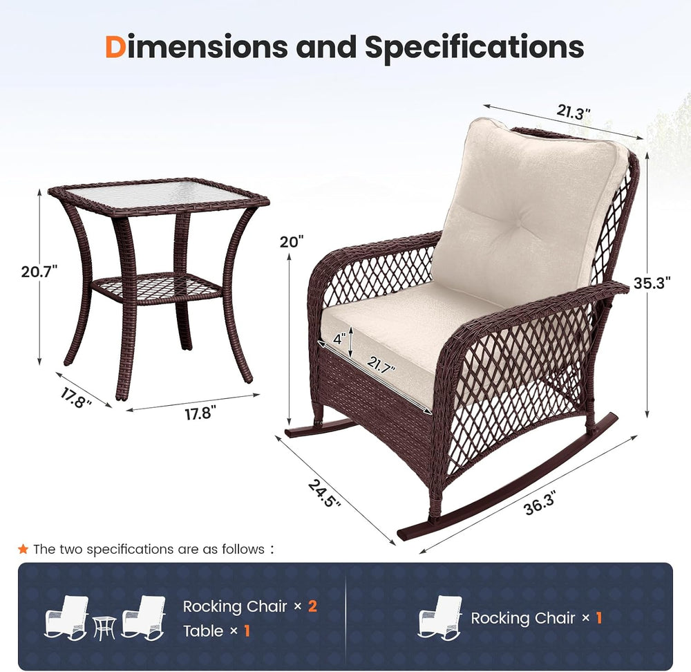 UDPATIO Rocking Chair Outdoor Set 2 w/Coffee Table, 3 Pc Wicker Bistro Set