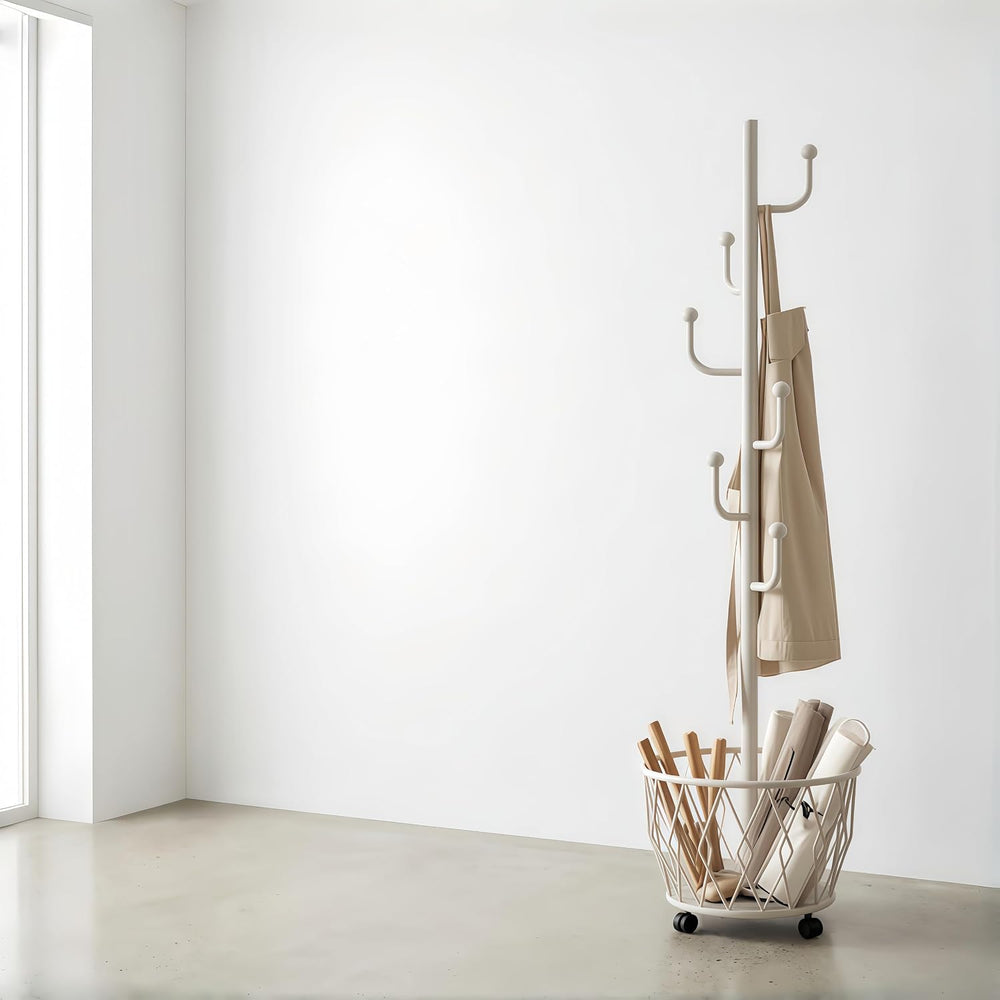 Off-White Moveable Cactus Metal Coat Rack with Basket Freestanding