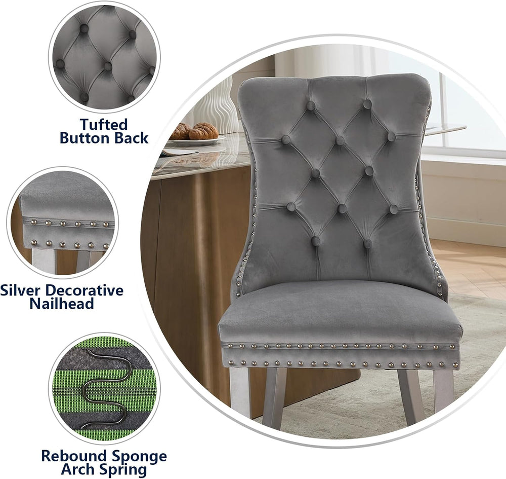 Grey Velvet Dining Chairs Set of 4, Ring Pull, Silver Solid Wood Legs