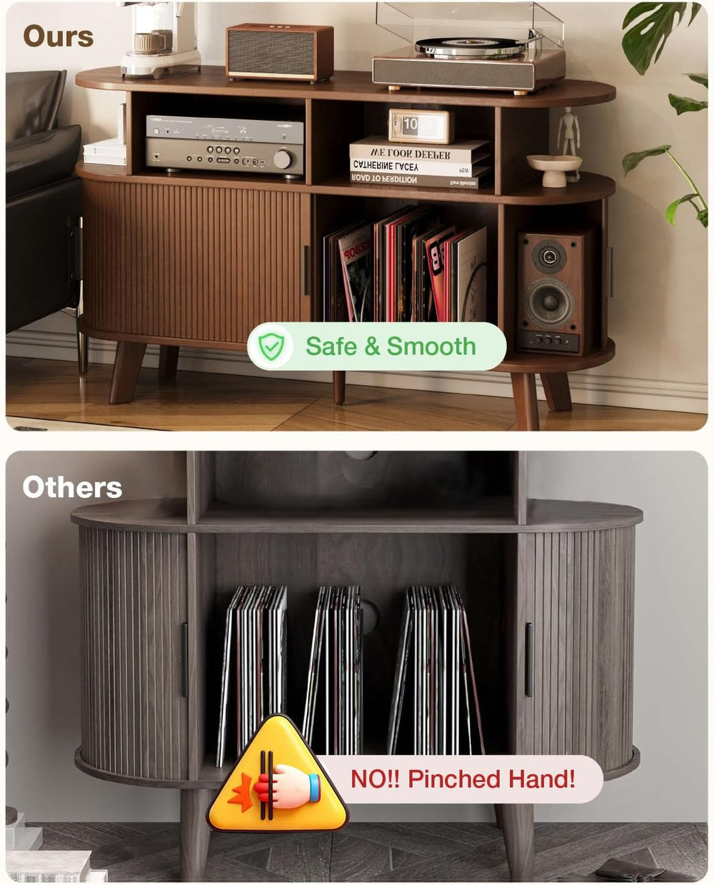 Large Record Player Stand with Sliding Doors, Fluted Media TV Stand