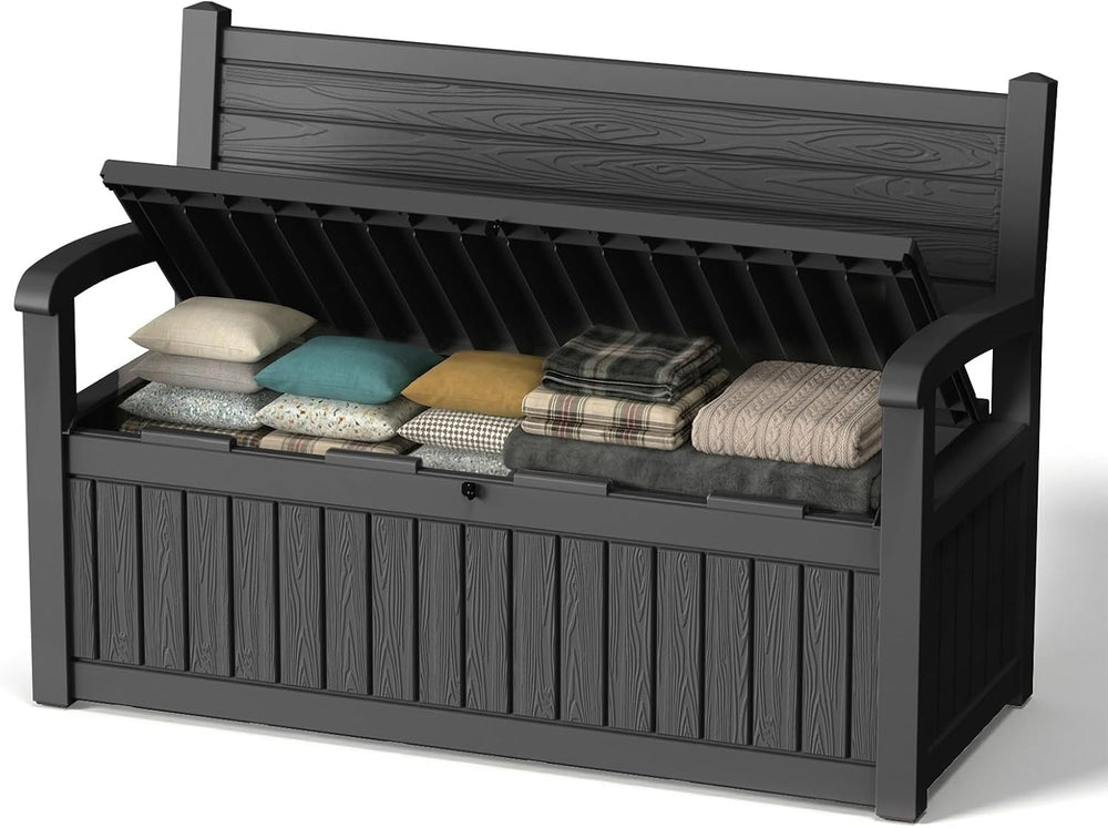 120 Gallon Outdoor Storage Bench, Lockable Patio Storage Bench, Black