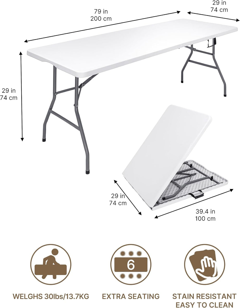 7FT Folding Table, Heavy Duty Fold-in-Half Portable Plastic White