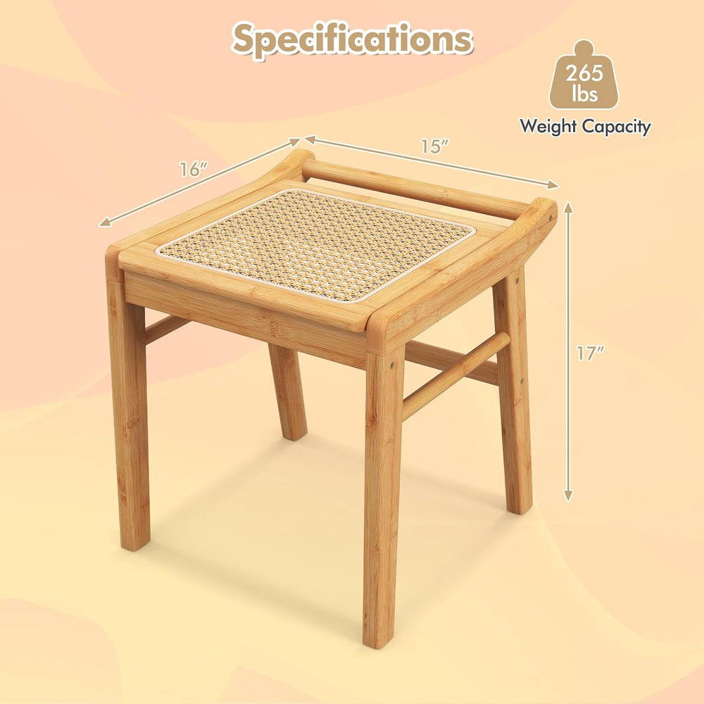 CHARMAID Vanity Stool, Bamboo Ottoman Foot Rest with Rattan Seat, Anti-Slip F...
