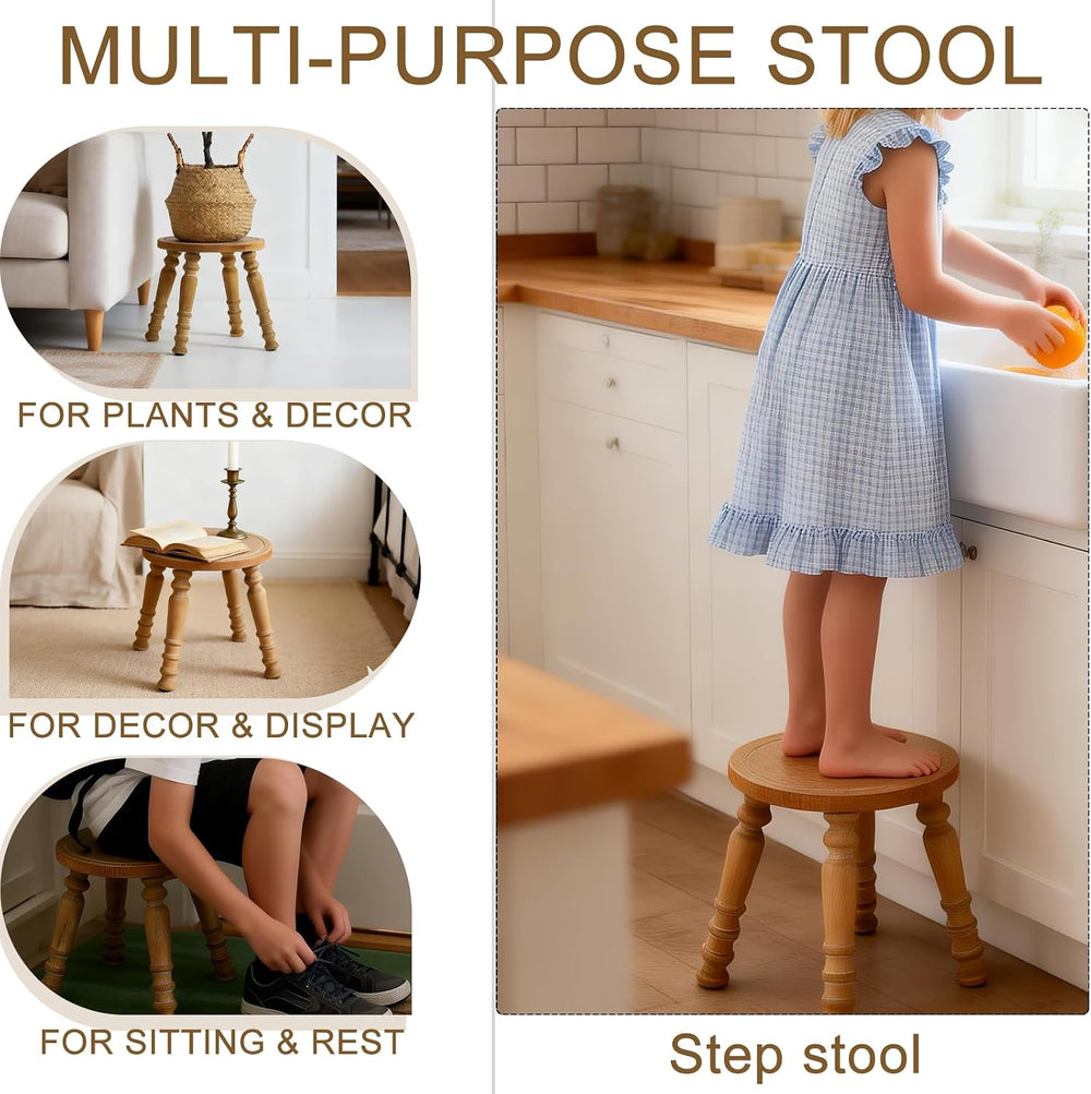 Small Wooden Stool, 100% Solid Wood Plant Stool, Round Small Stool