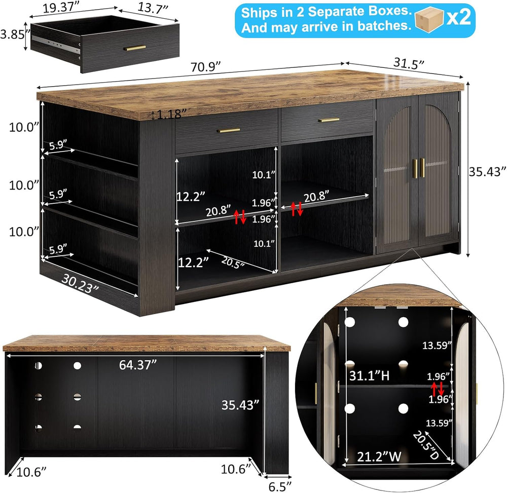 IBF 71" Large Kitchen Island with Storage and Seating, Rustic Brown &...