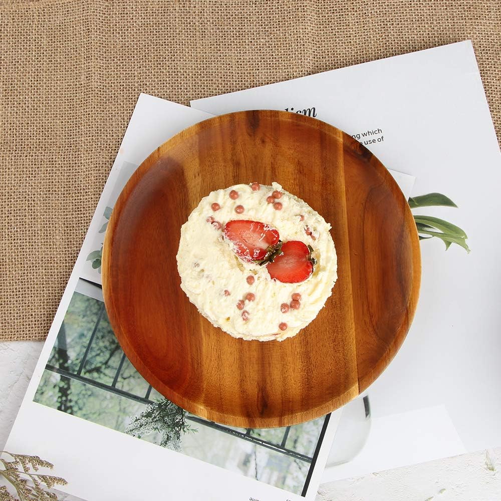 AIDEA Acacia Wood Dinner Plates, 8 Inch Round Wood Plates Set of 4, Easy Clea...