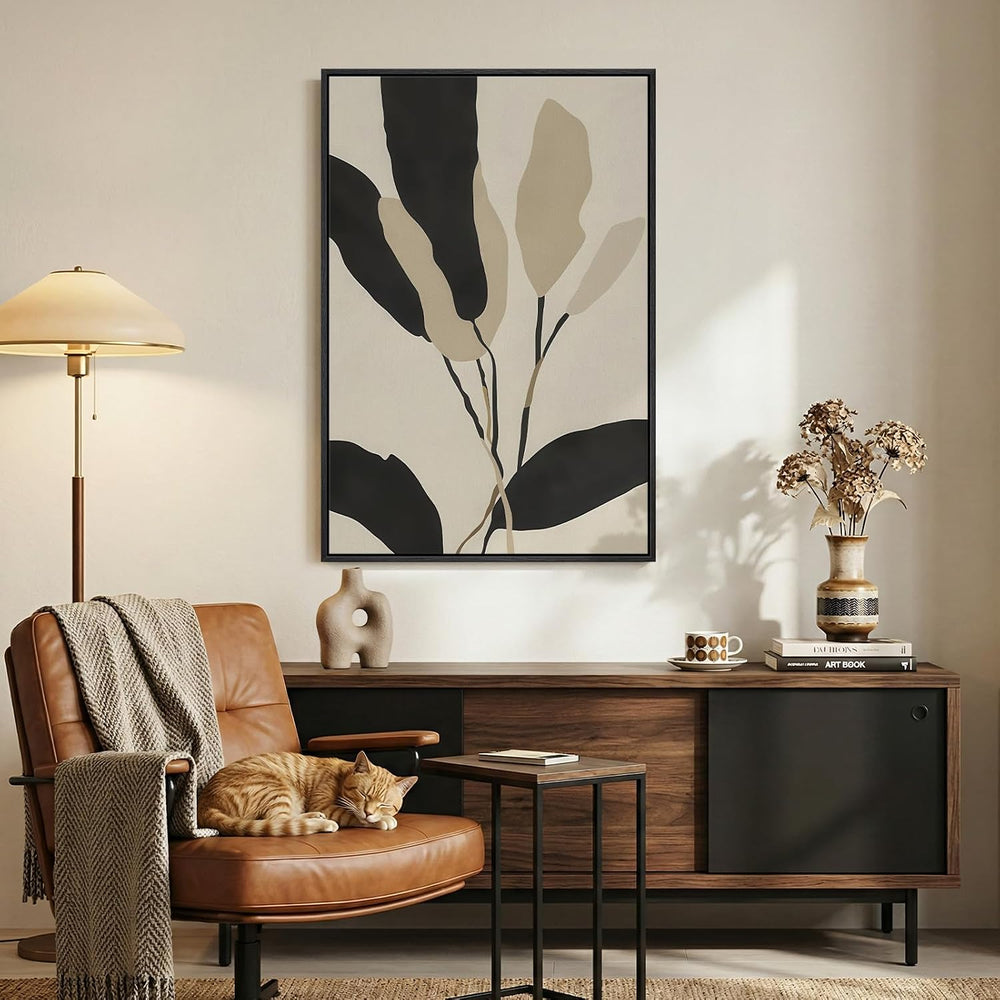 Framed Boho Neutral Abstract Botanical Wall Art for Living Room, 24x36 Inch