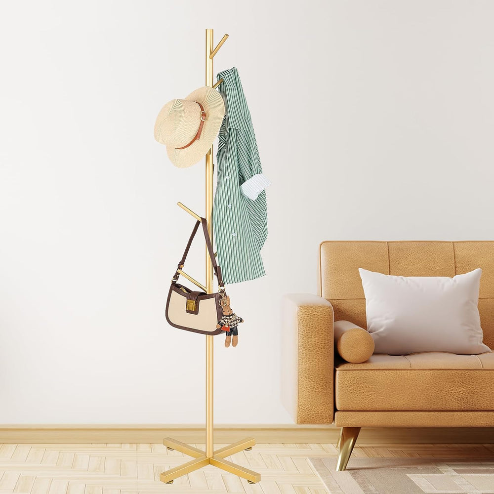 ZOZOE Coat Rack with 8 Hooks, Golden Adjustable Coat Rack Stand