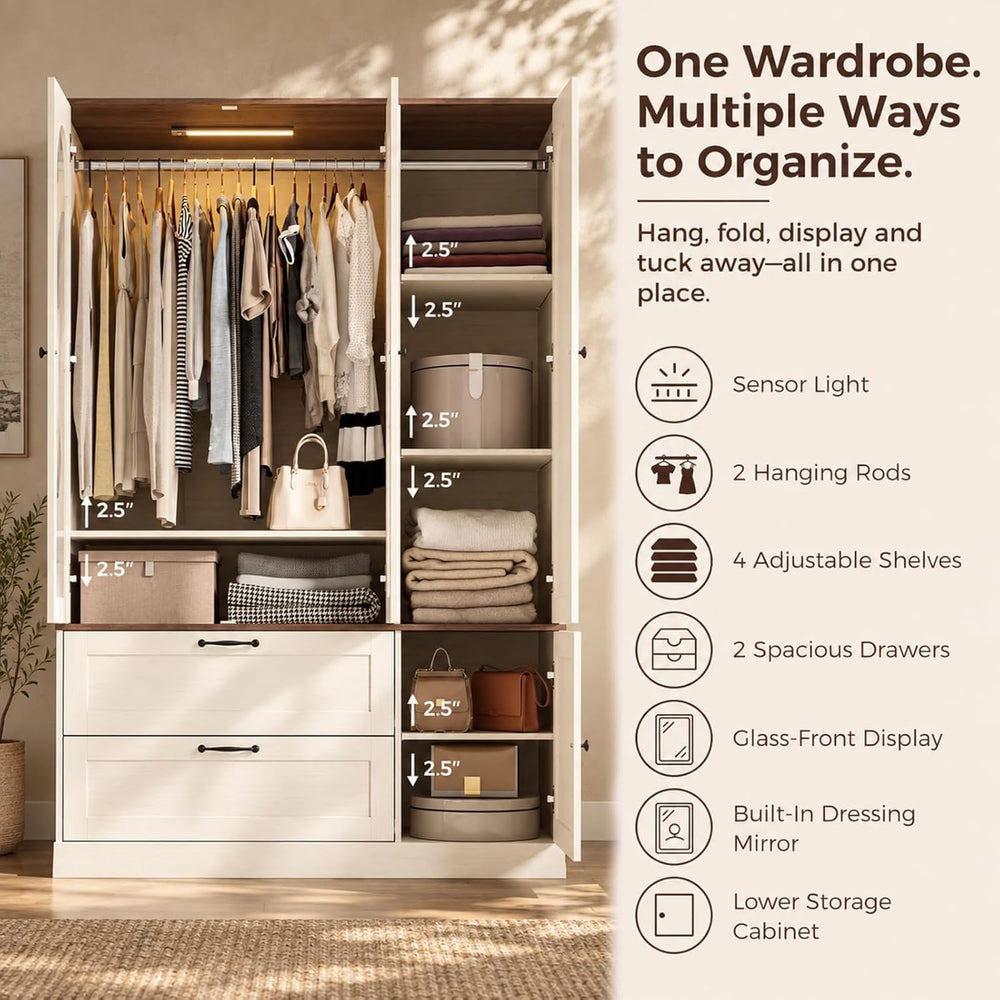 71" H Wardrobe Armoire with Mirror and Sensor Light,Flexible, Antique White