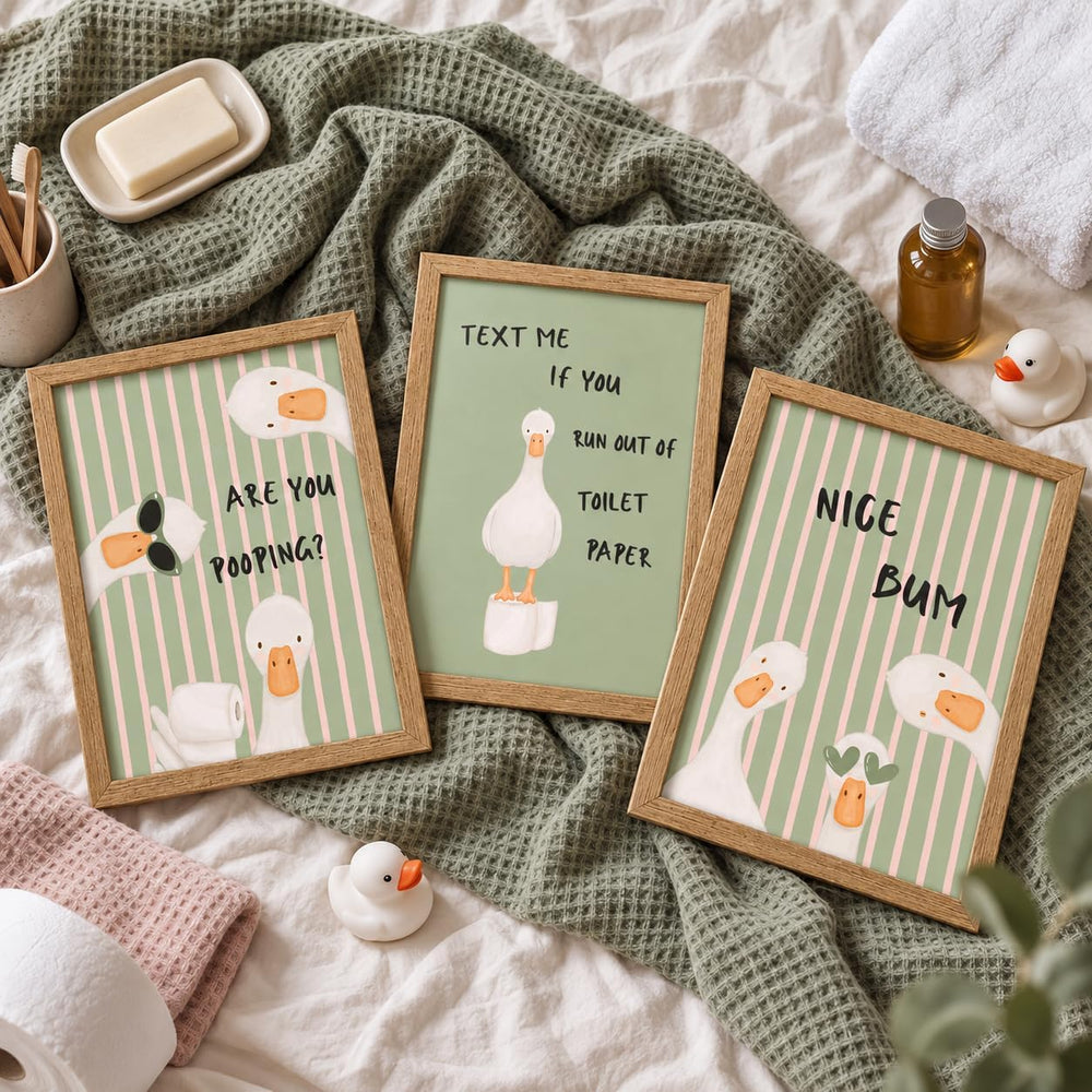 3 Piece Funny Duck Bathroom Wall Art Set Framed Canvas Posters 12x16 Inch
