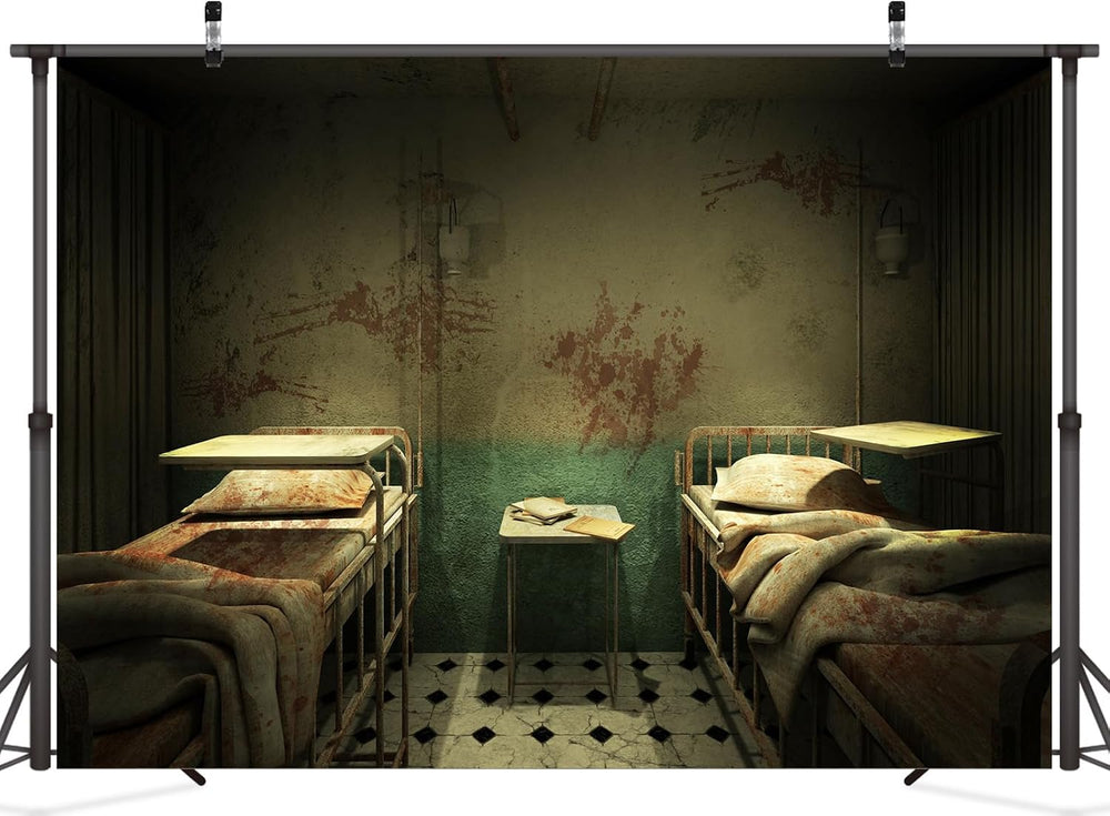 Creepy Hospital Ward Room Backdrop Fabric 10x8ft Horror Bloody Walls Blood Be...